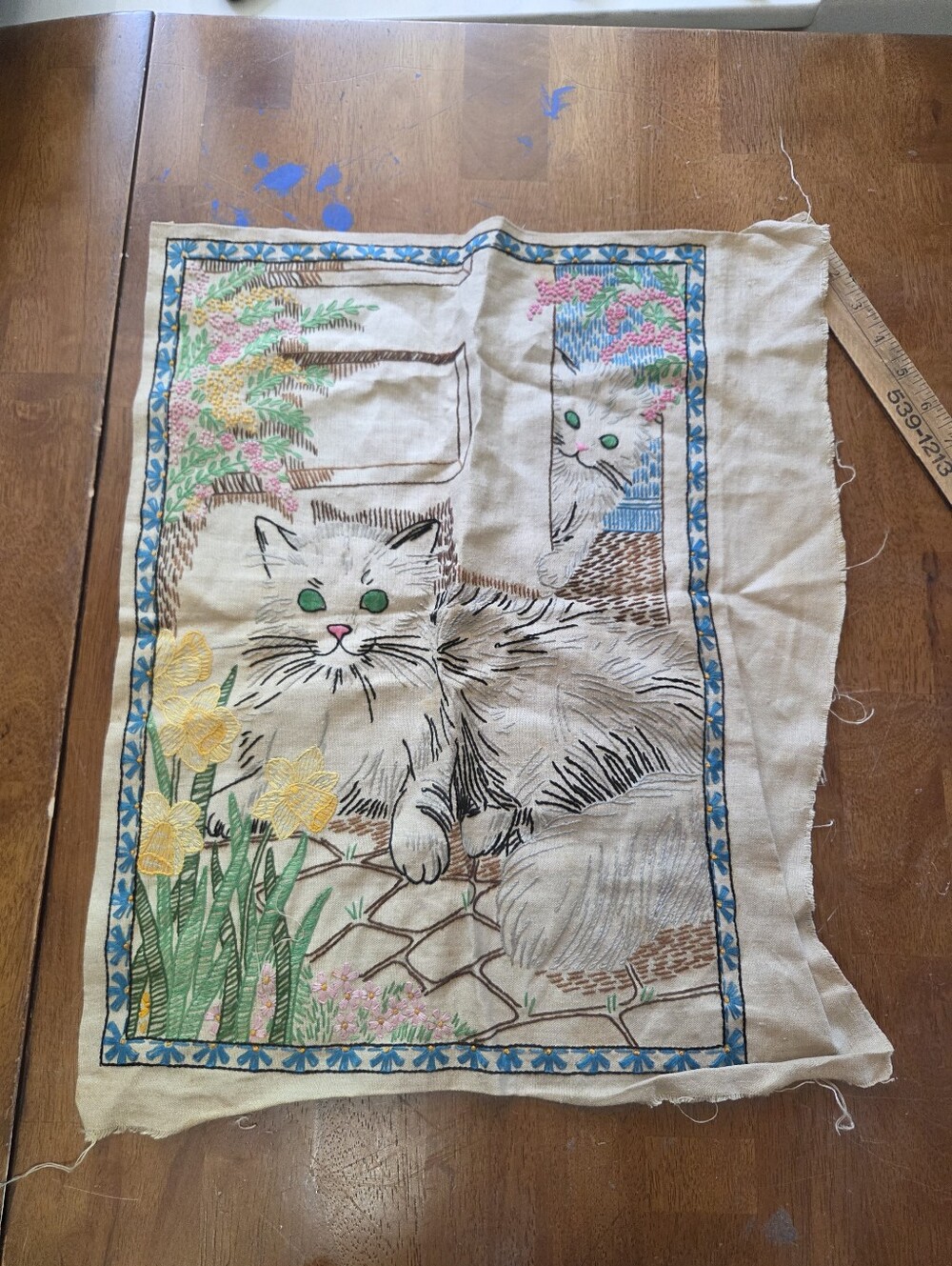 Vintage Hand Embroidered Cat Picture Panel Stamped Linen 14x20 Cottagecore Folk